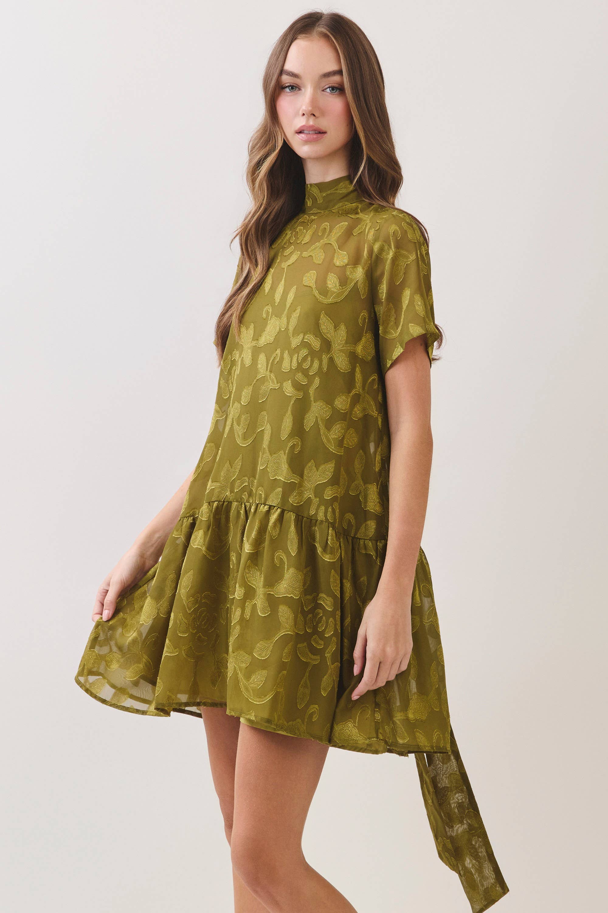 Green Floral Jacquard Tie-Neck Mini Dress