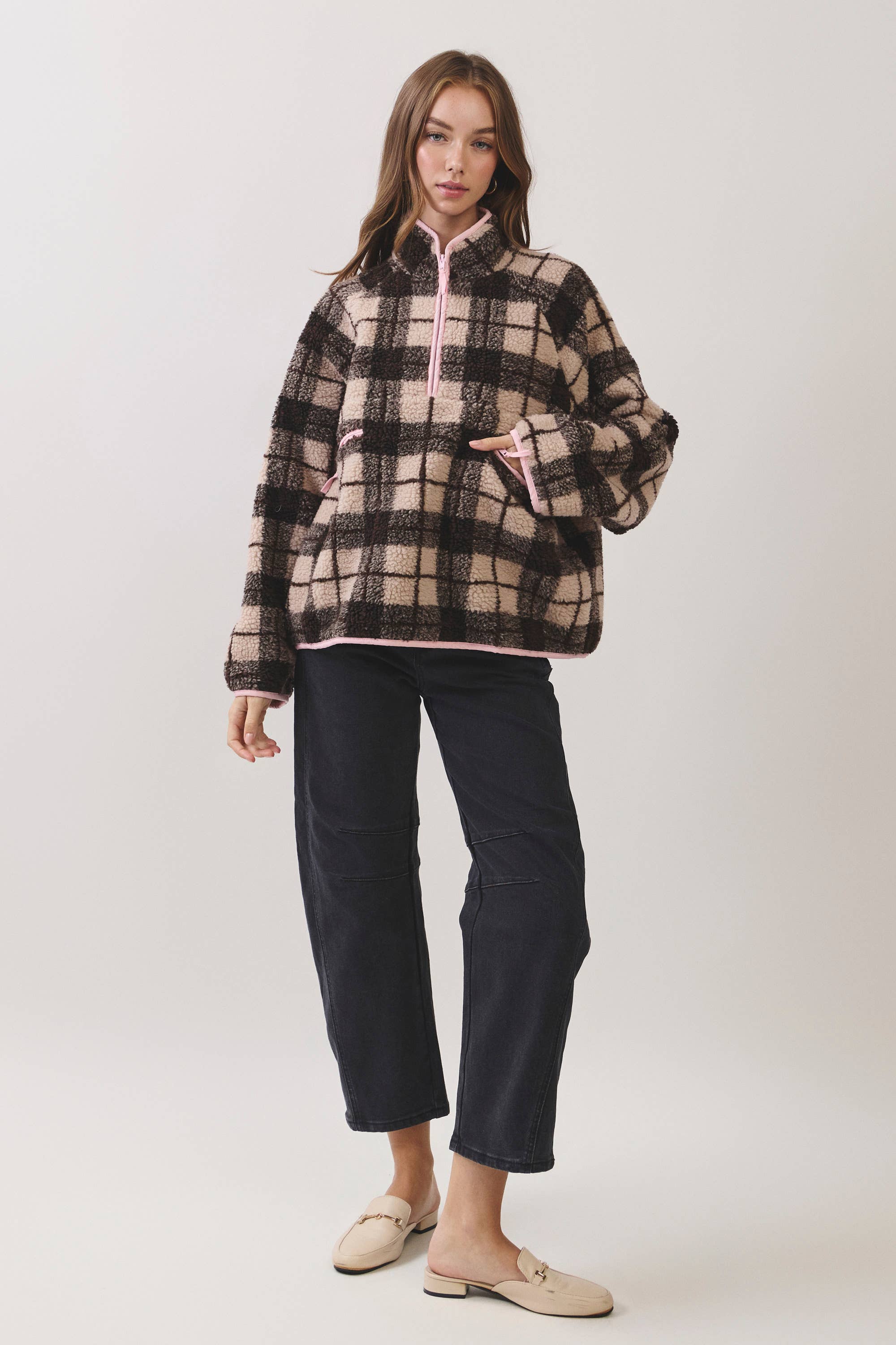 Brown & Pink Plaid Sherpa Half-Zip Jacket in Need