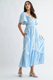 Blue Embroidered Midi Dress
