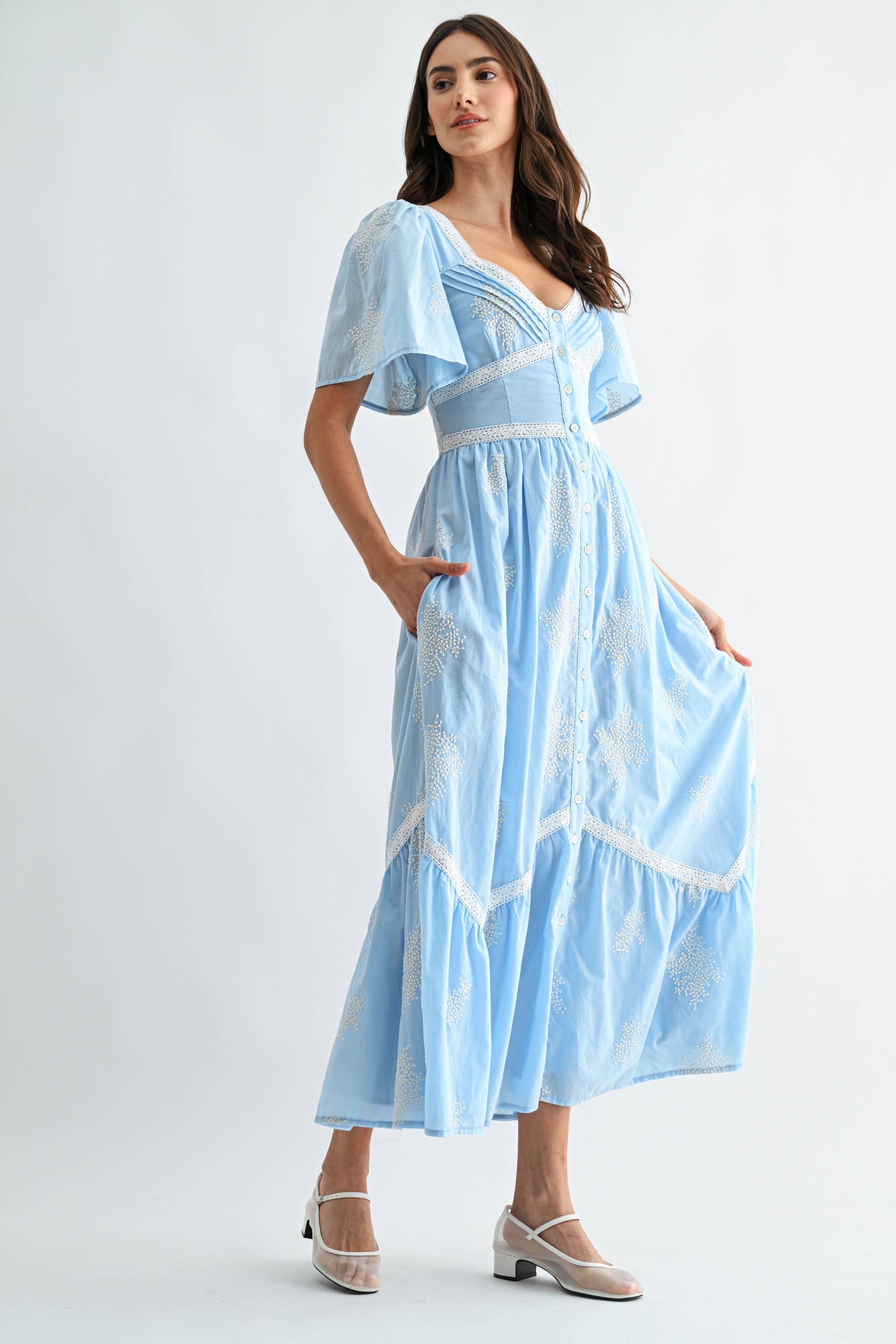Blue Embroidered Midi Dress