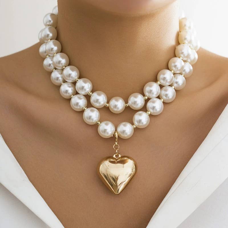 Pearl Beaded Layered Heart Necklace