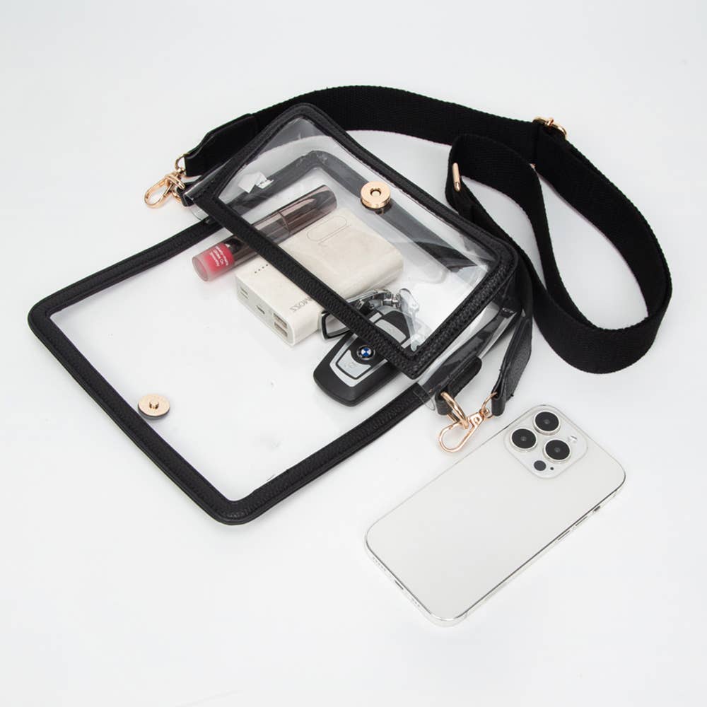 Transparent Rectangle Flap Crossbody Bag: Clear,Gold