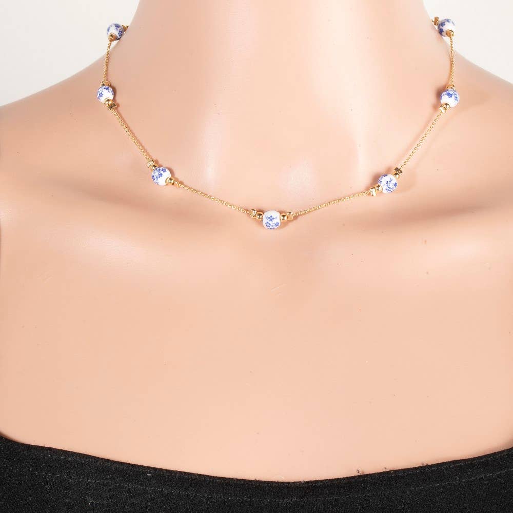 Floral Ceramic Station Beads Chain Necklace