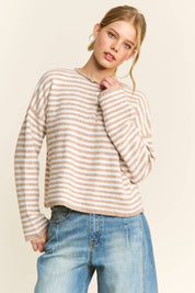 Pink Striped Henley Knit Sweater