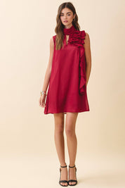 Red Sleeveless Mock Neck Ruffle Dress