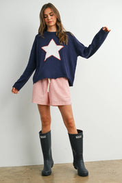 Navy Drop Shoulder Star Pattern Sweater