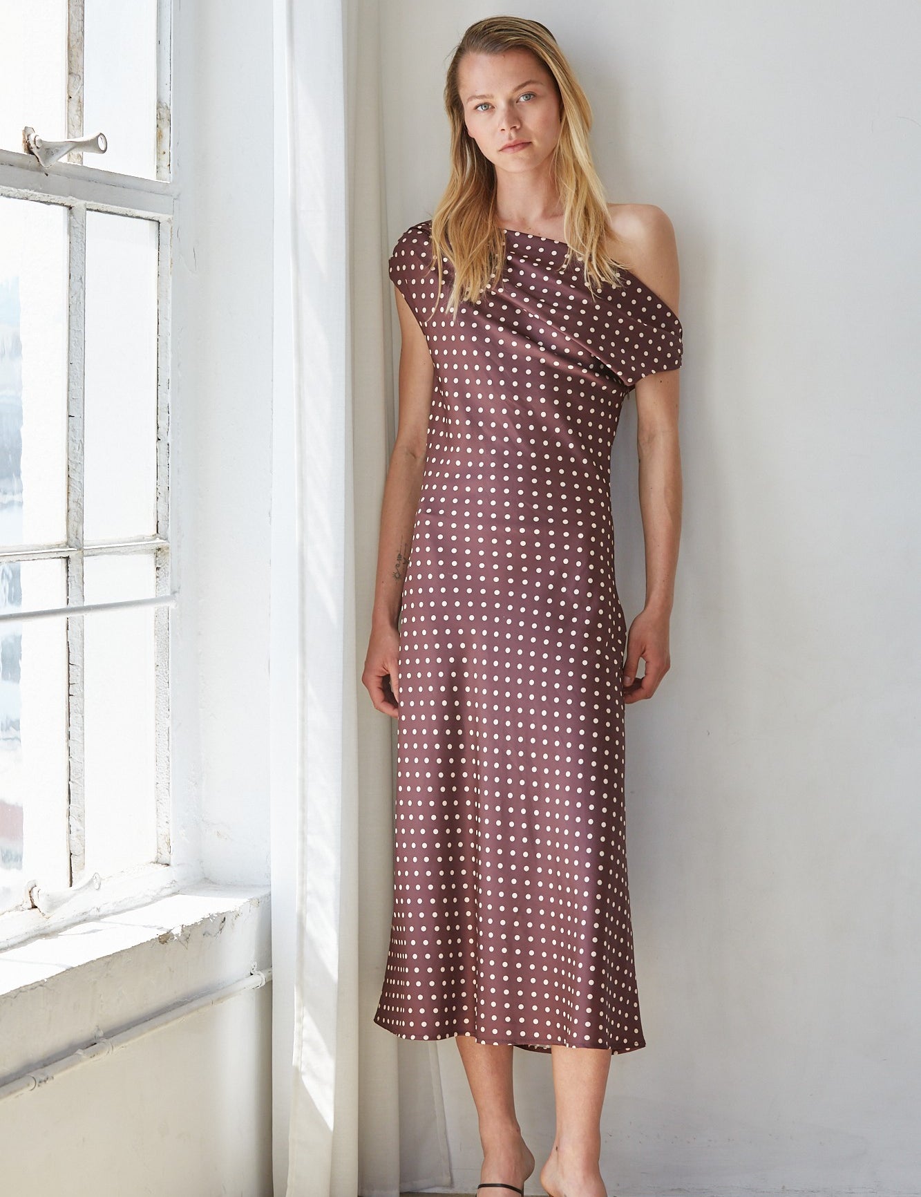 Brown Polka Dot Midi Dress showing polka dot pattern