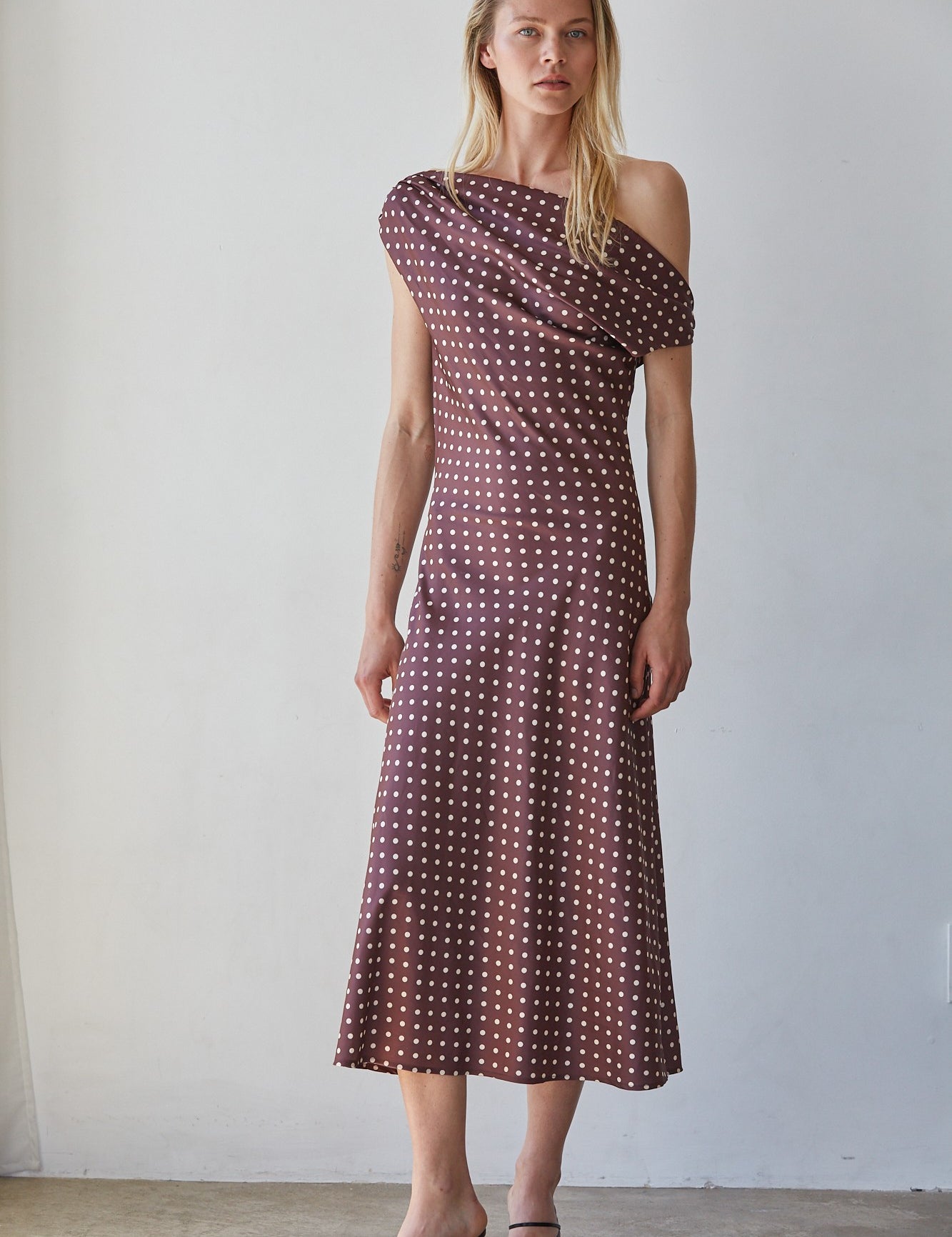 Brown Polka Dot Midi Dress — polka dot pattern and cowl neckline