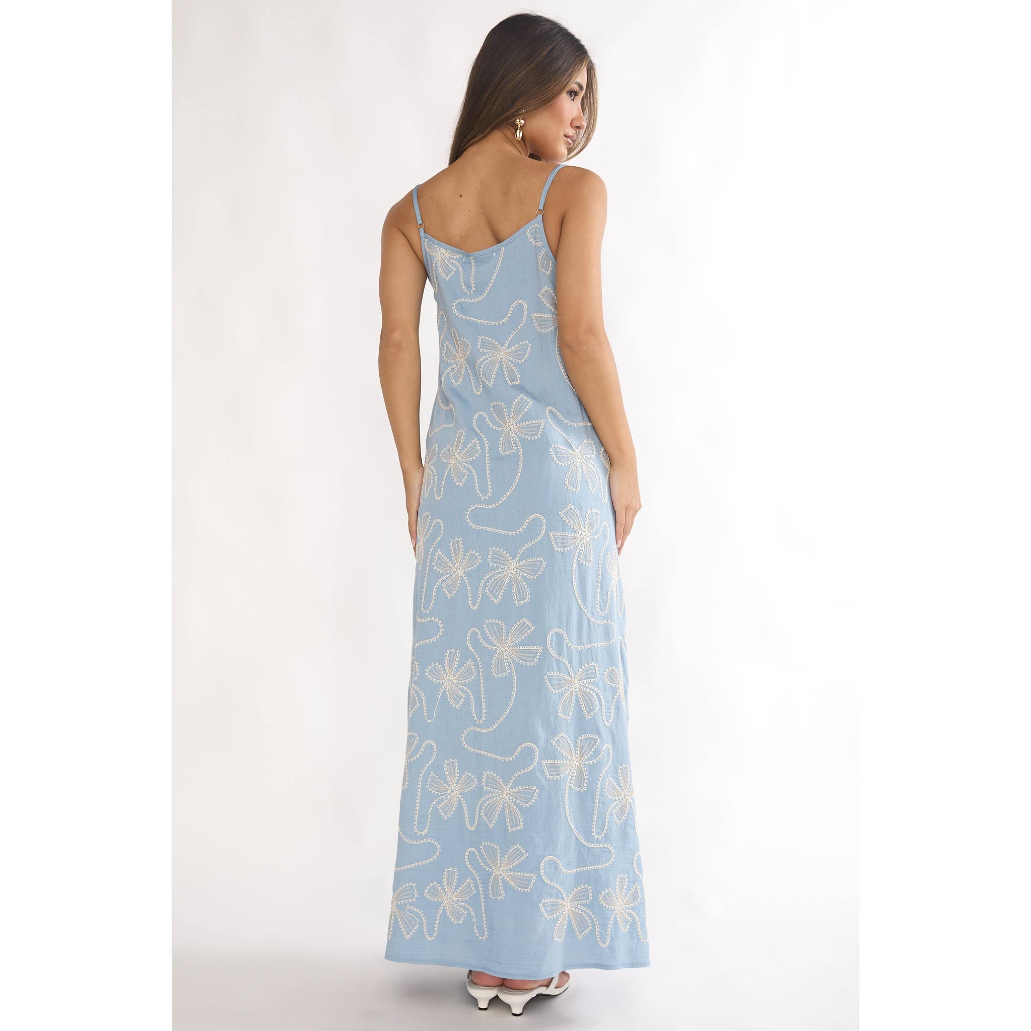 Blue Bow Embroidered Maxi Dress