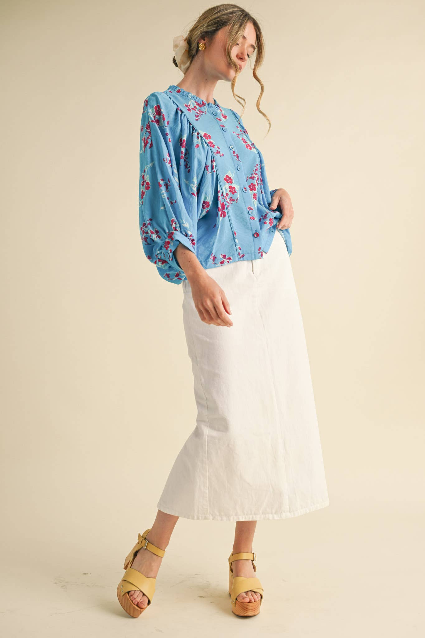 Blue Floral Dolman Sleeve Blouse