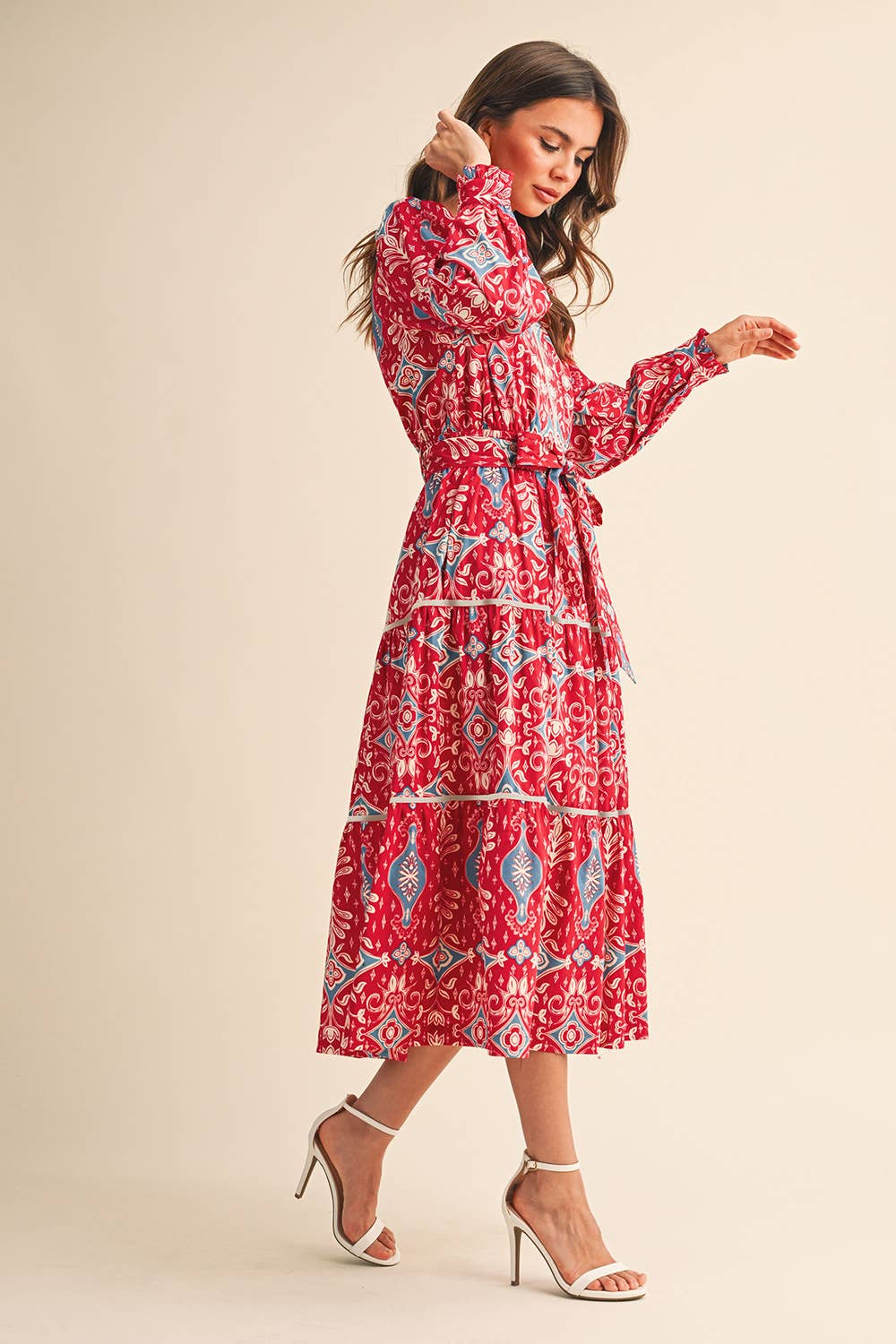 Red Printed Midi Dress