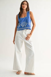 White Wide-Leg Trousers w/ Cutout