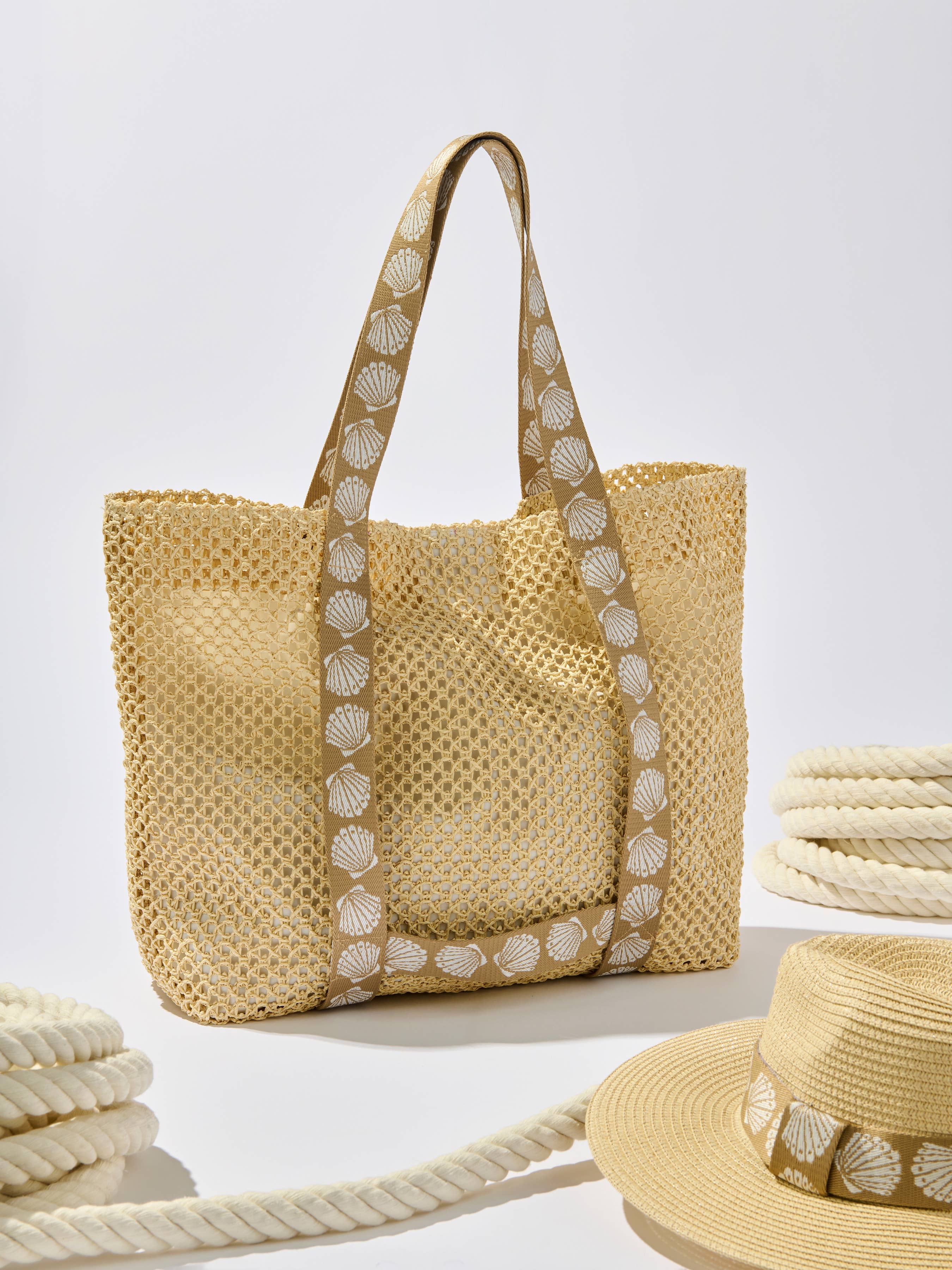 Tan Shell Beach Bag & Hat Set