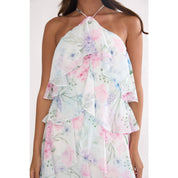 White Floral Halter Tiered Maxi Dress