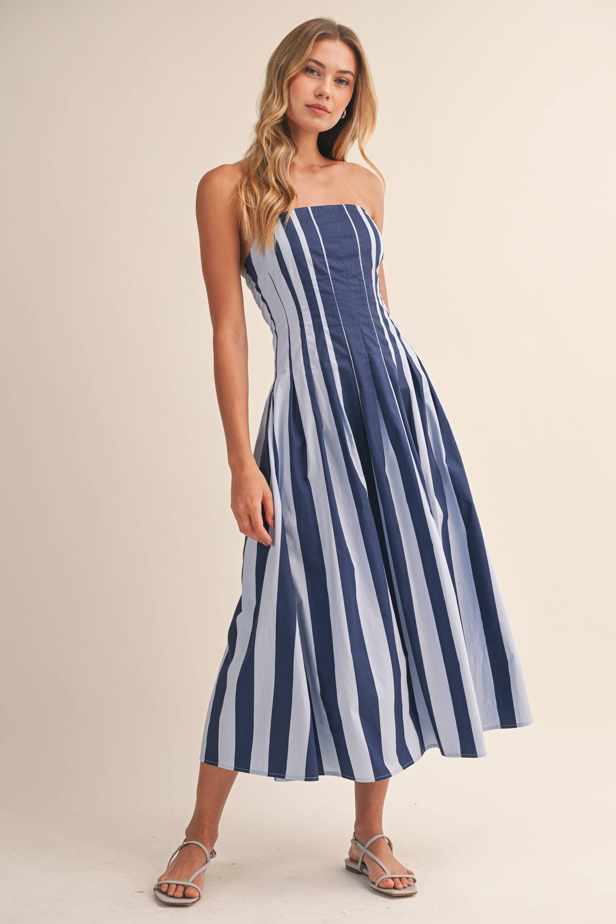 Blue Strapless Striped Midi Dress