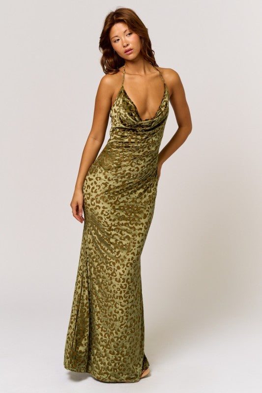 Olive Halter Leopard Print Maxi Dress