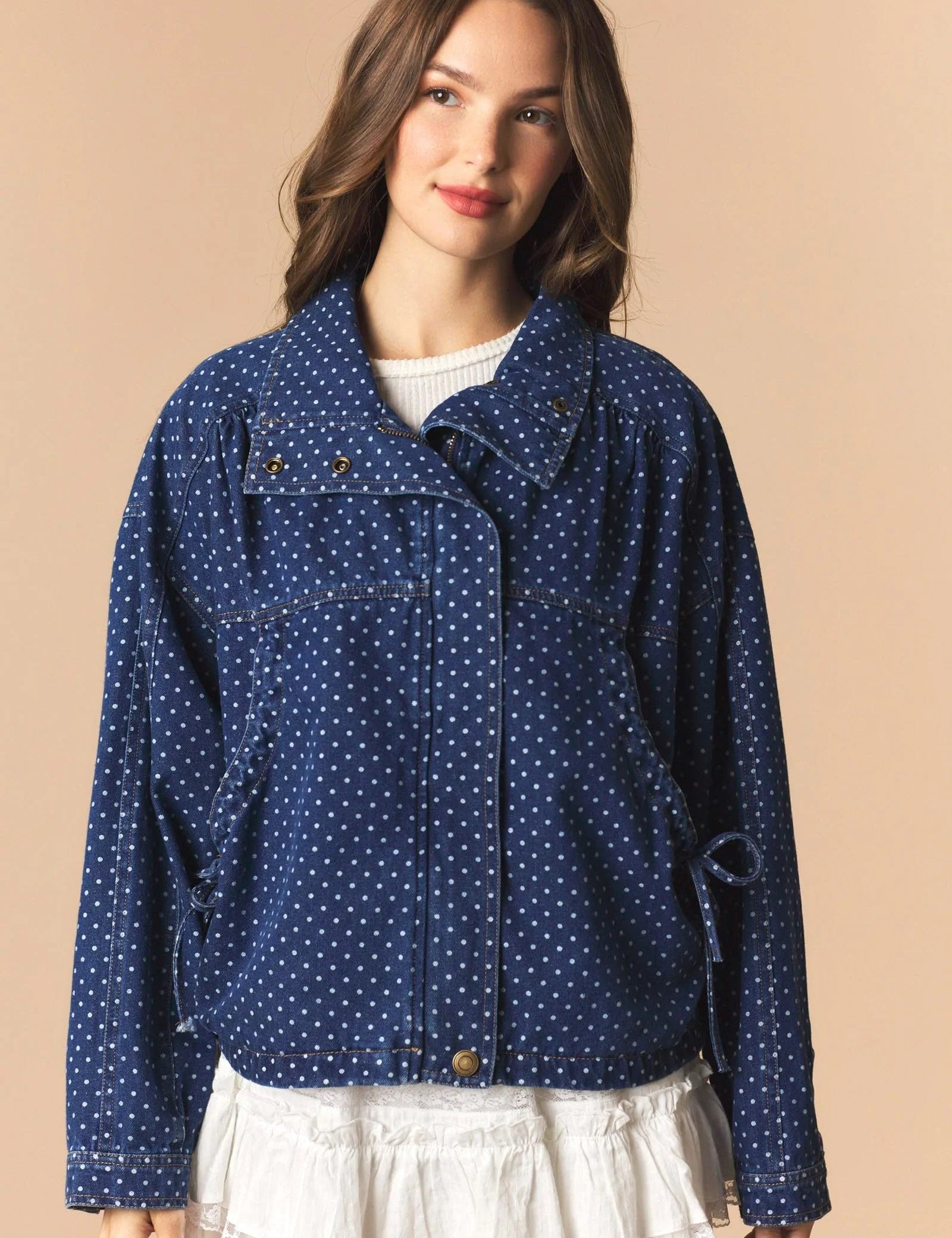 Blue Polka Dot Denim Bomber Jacket at Ninety Nine Boutique