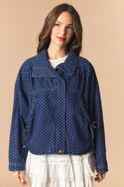 Blue Polka Dot Denim Bomber Jacket at Ninety Nine Boutique