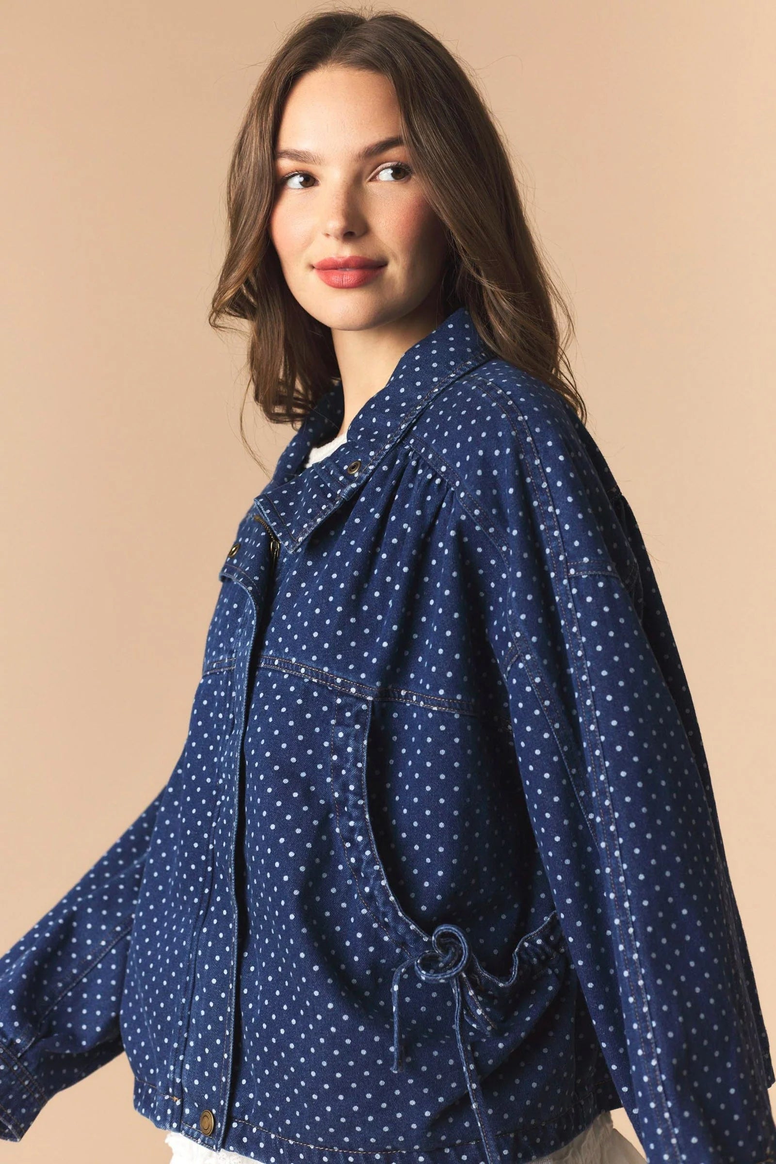 Blue Polka Dot Denim Bomber Jacket at Ninety Nine Boutique, view 3