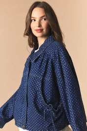 Blue Polka Dot Denim Bomber Jacket at Ninety Nine Boutique, view 3