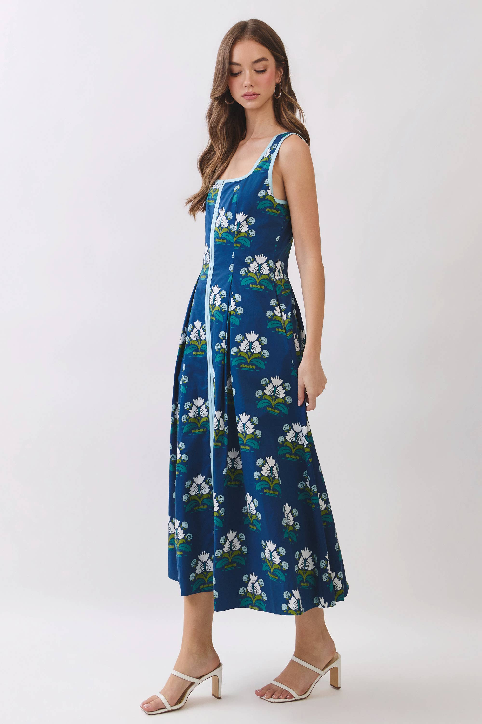 Floral Border Trim Square Neck Midi Dress