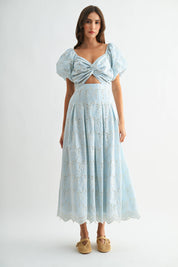 Blue Eyelet Puff Sleeve Maxi Dress