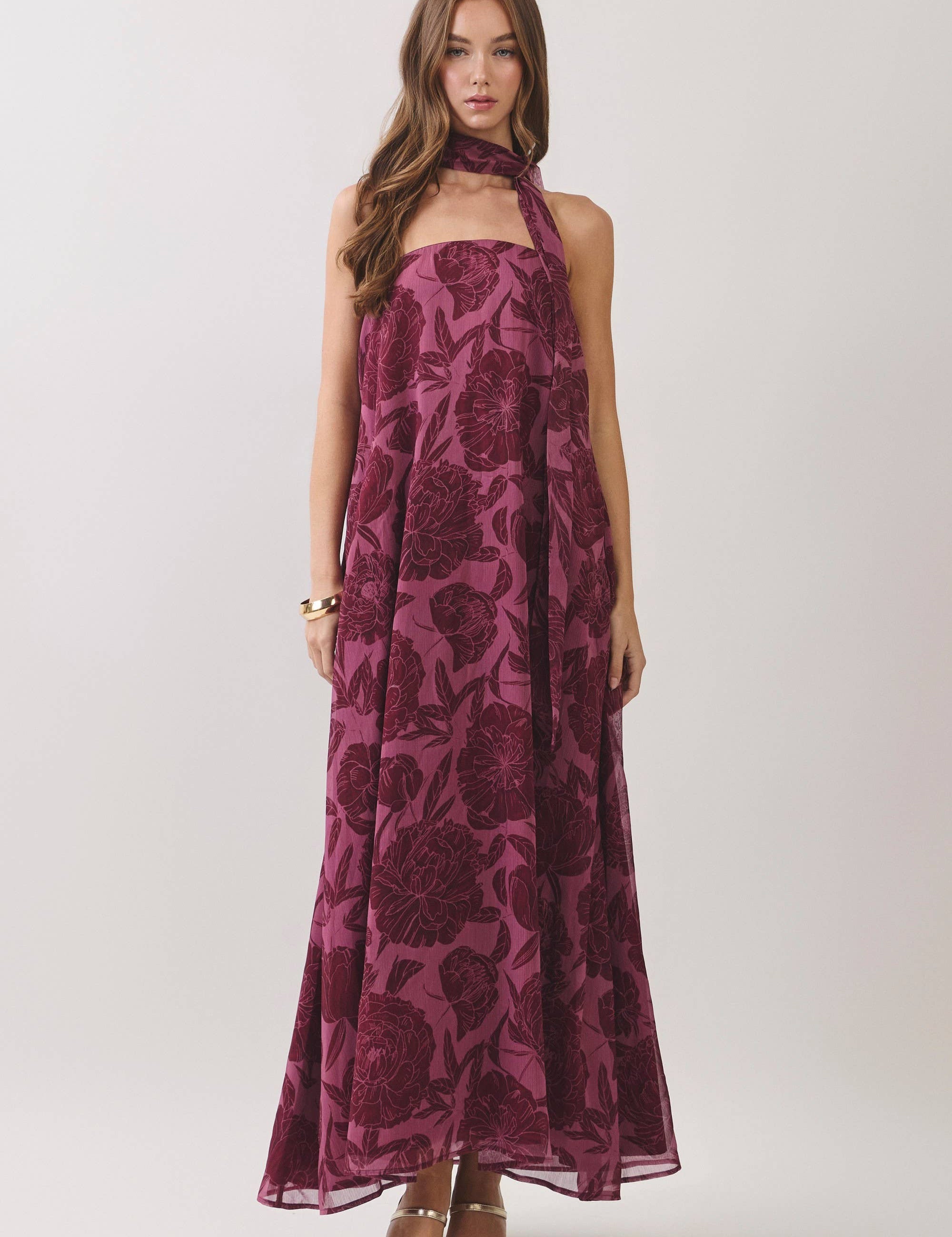 Purple Floral Print Scarf Maxi Dress — floral and strapless