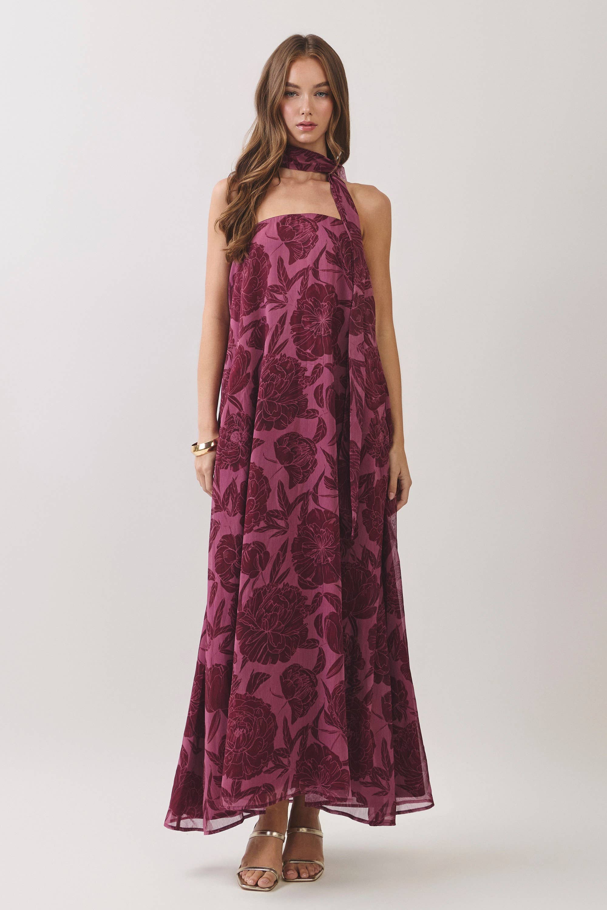 Purple Floral Print Scarf Maxi Dress