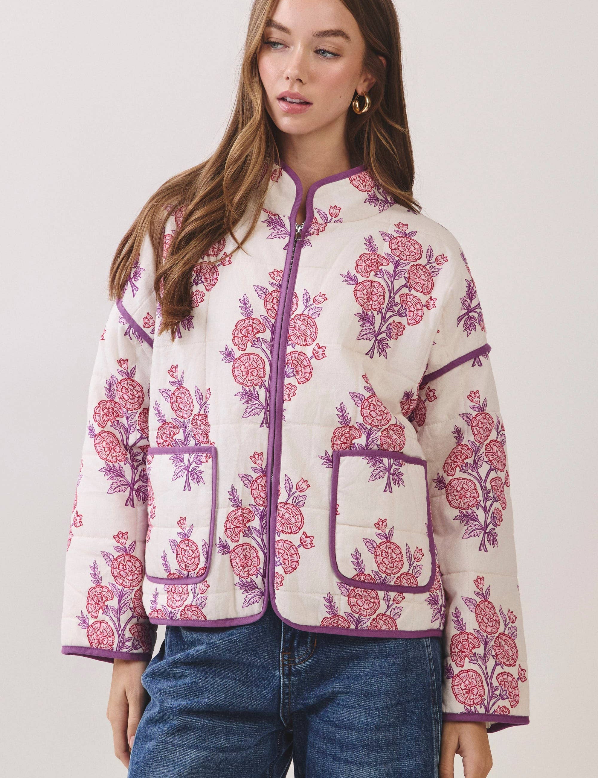 Floral Print Quilted Jacket showing long sleeves