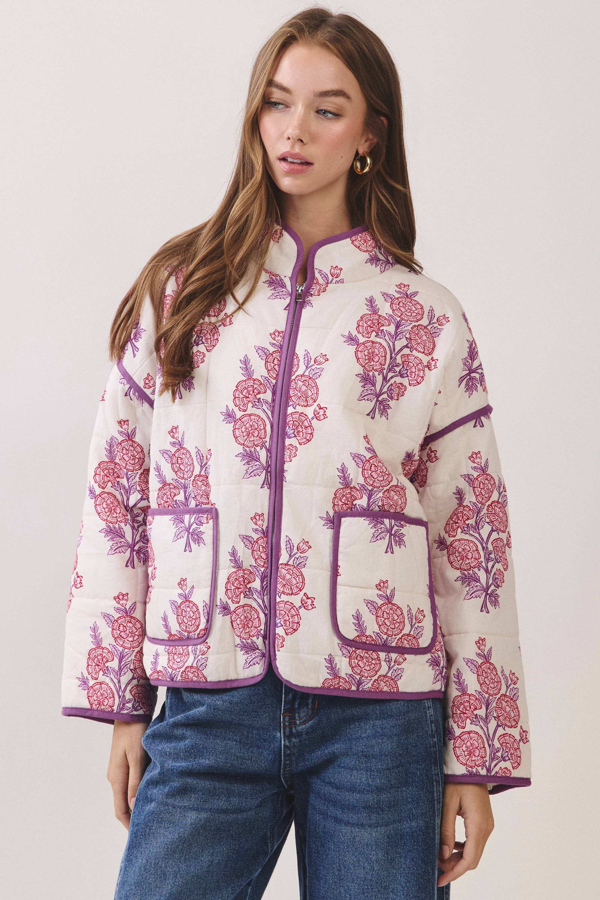 Floral Print Quilted Jacket showing long sleeves