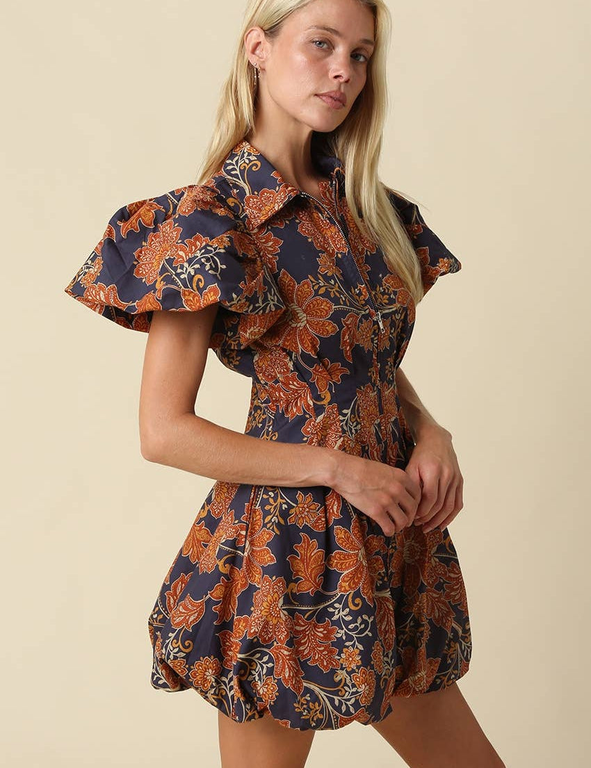 Navy & Orange Floral Bubble Mini Dress showing collared neckline