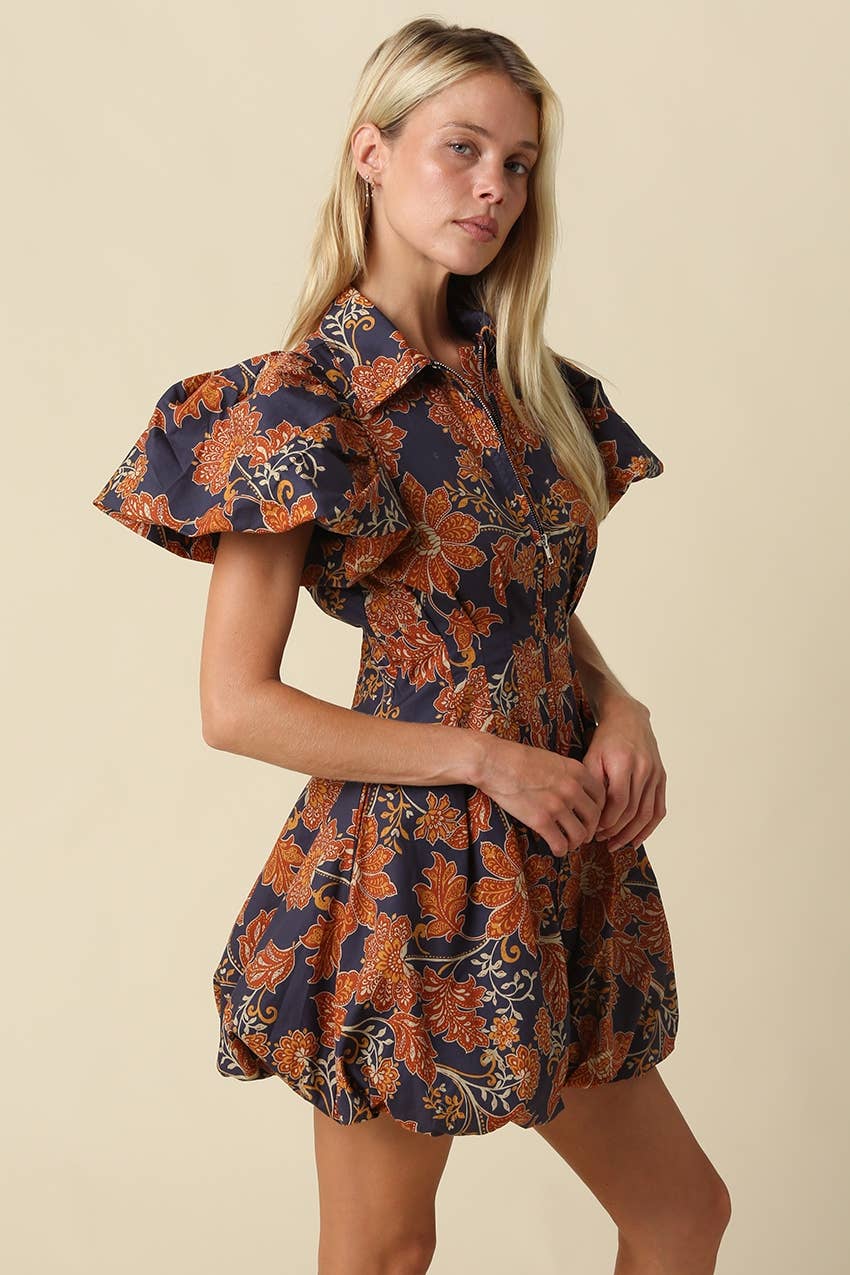 Navy & Orange Floral Bubble Mini Dress showing collared neckline