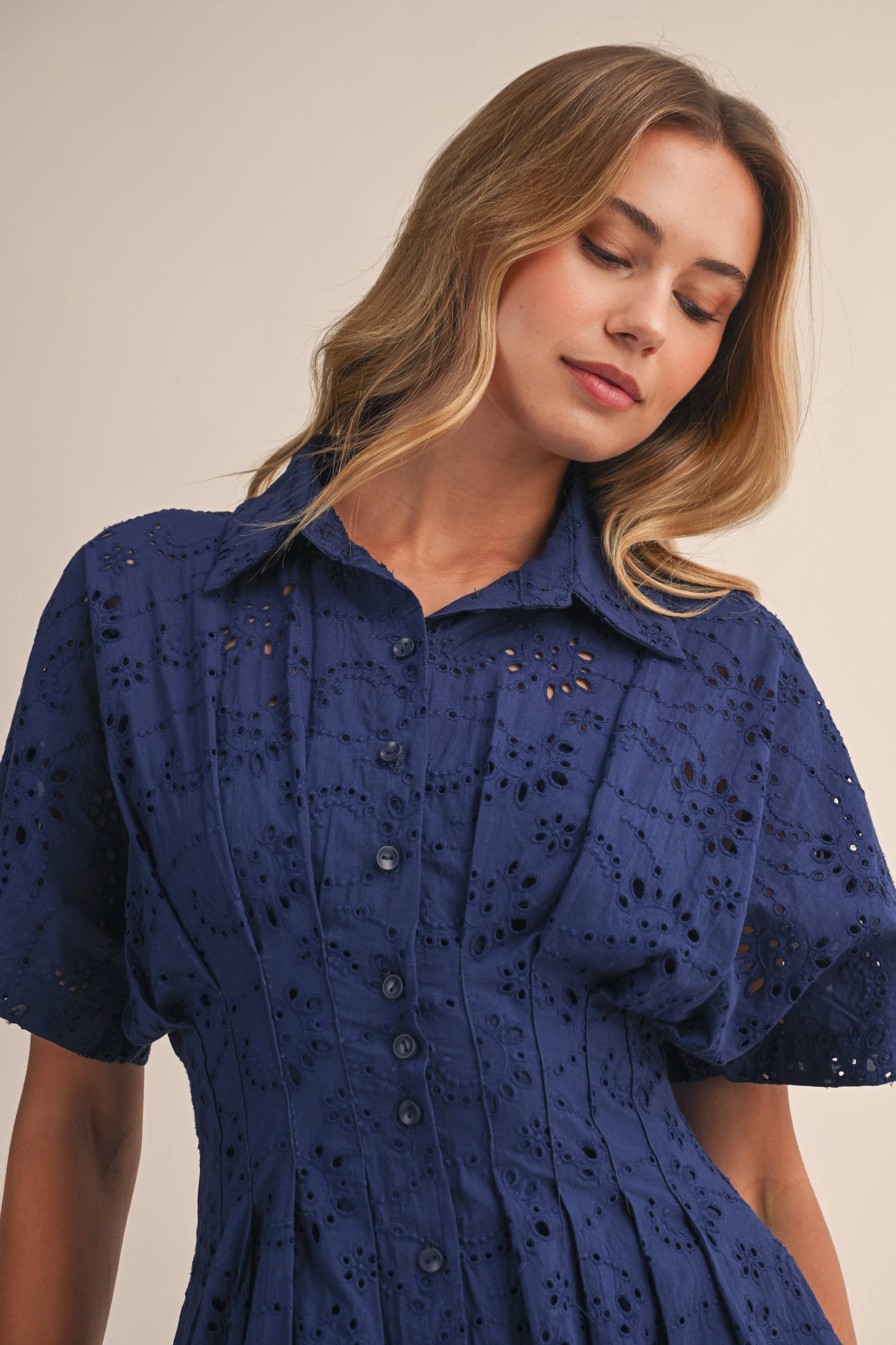 Navy Eyelet Pleated Mini Dress