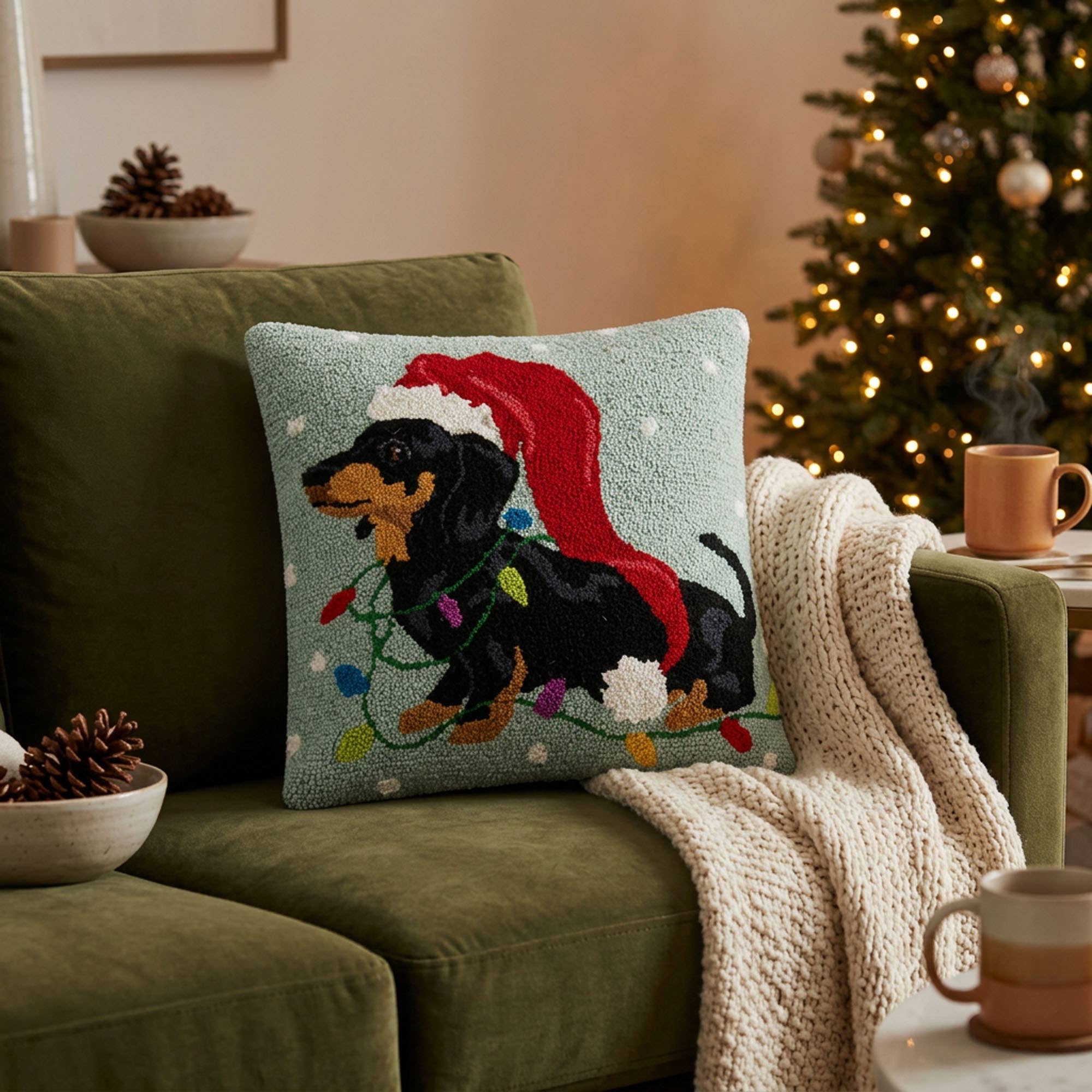 Mint Christmas Dachshund With Long Hat Hook Pillow