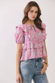 Tropical Leaf Ruffle Peplum Top