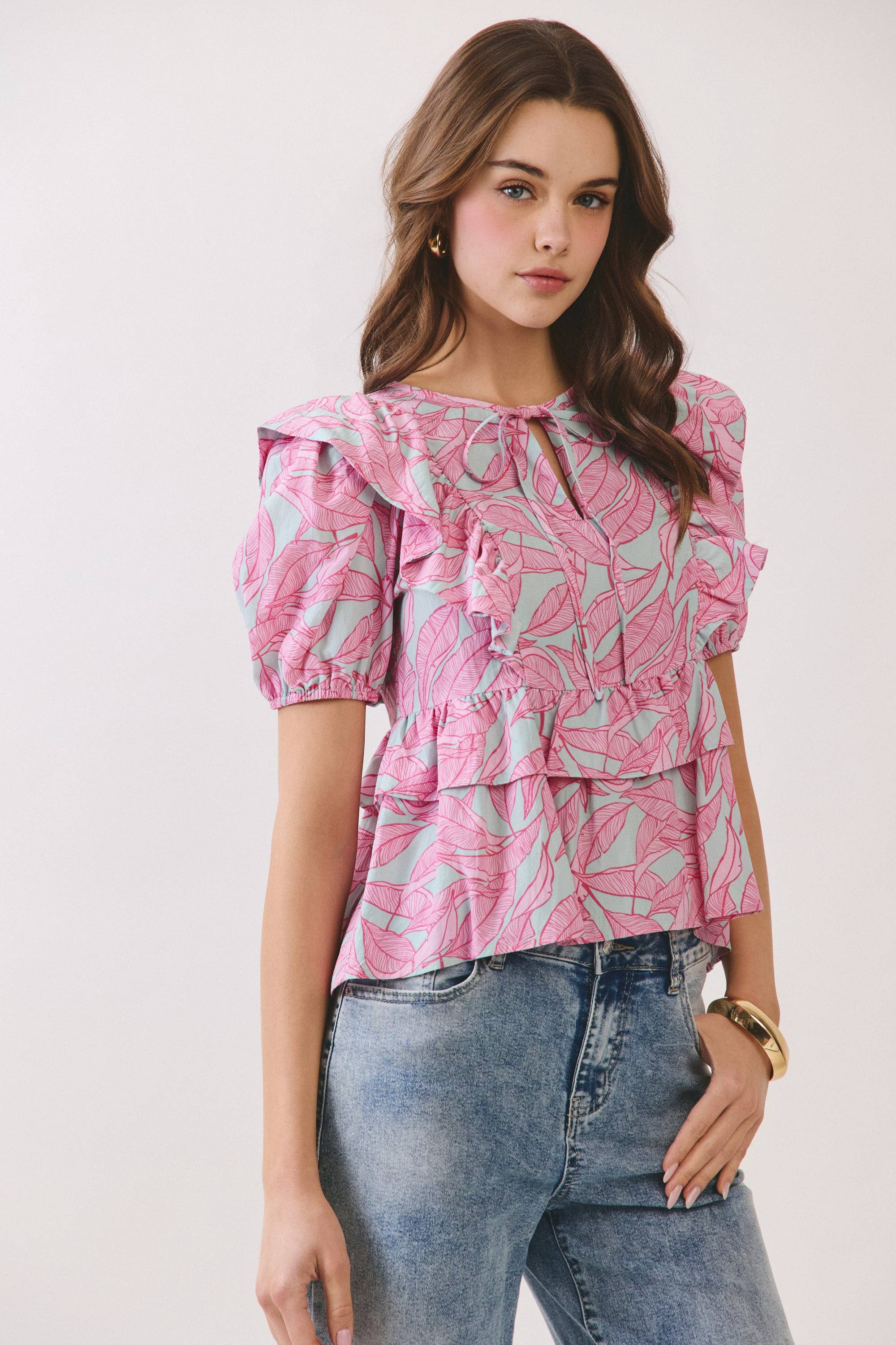 Tropical Leaf Ruffle Peplum Top
