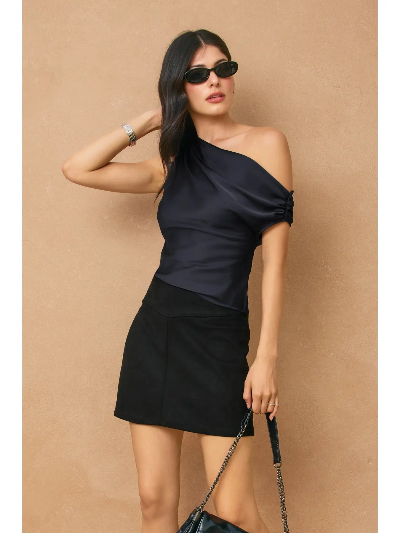 Navy Satin Asymmetrical Top