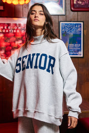 Gray Senior Mockneck Sweatshirt showing ribed banded hemline and cuffs