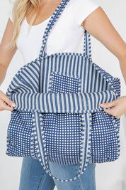 Blue Gingham Quilted Tote Bag