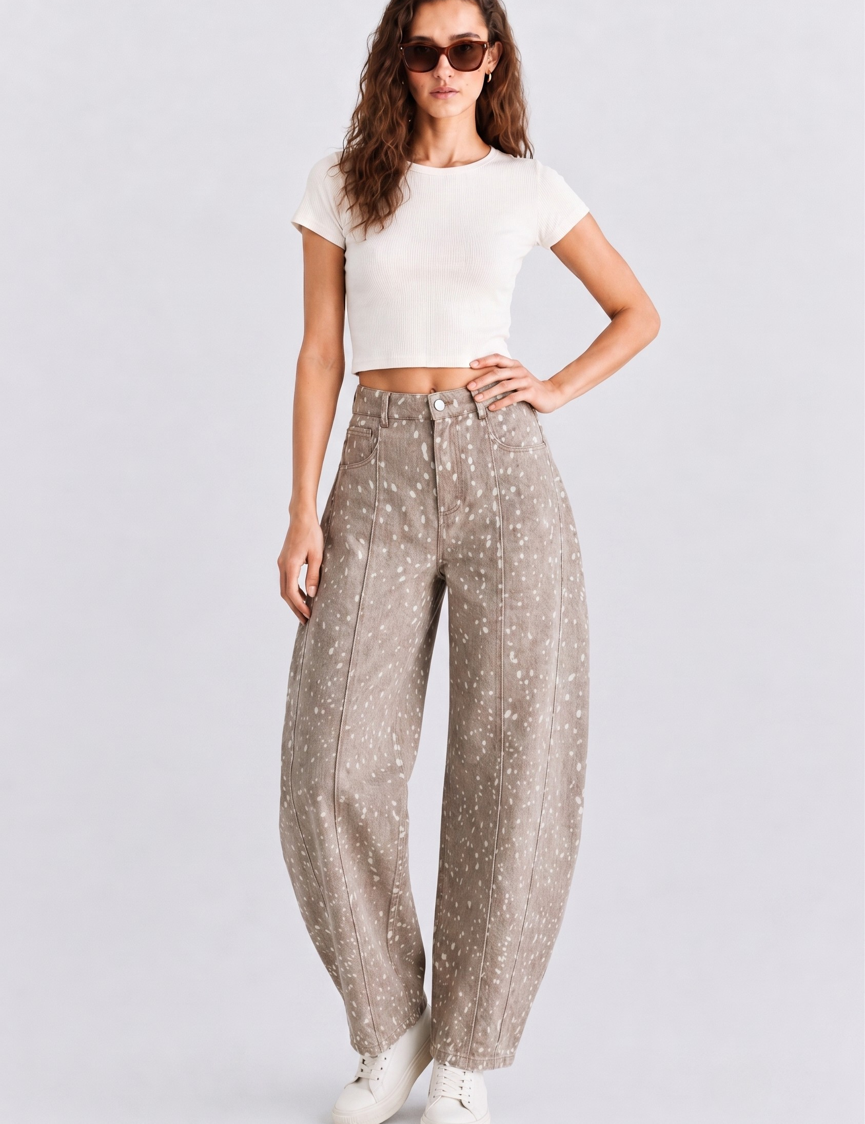Brown Fawn Print Barrel Pants showing high-waisted