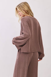 Brown Ribbed Knit Top and Wide Leg Pants Set