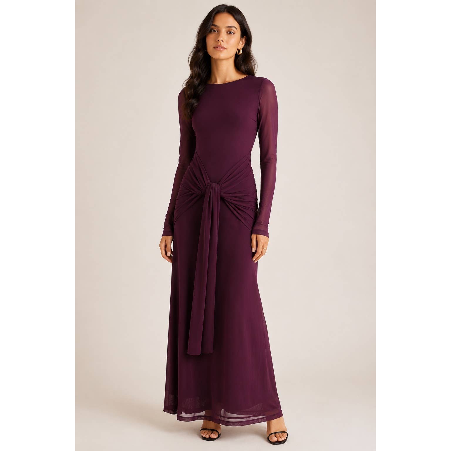 Burgundy Open-Back Long Sleeve Maxi Dress