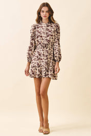 Floral Print High Neck Removable Buckle Belt Dress