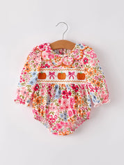 Halloween Pumpkin Bow Smock Embroidered Floral Baby Girl Romper