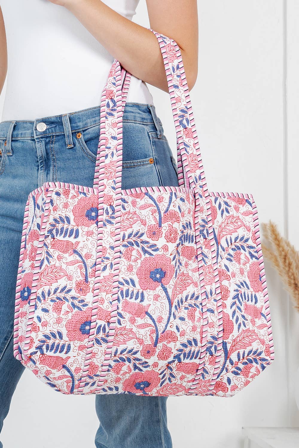 Pink Floral Quilted Tote Bag