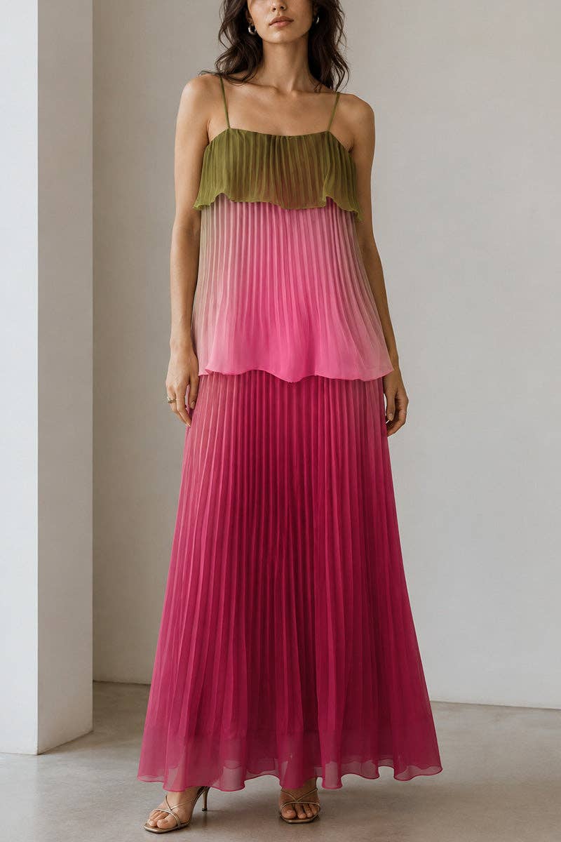 Red Ombre Pleated Tiered Maxi Dress