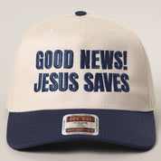Good News Jesus Saves Trucker Hat/ Navy — GOOD NEWS JESUS SAVES embroidery and 5 panel mid profile trucker hat