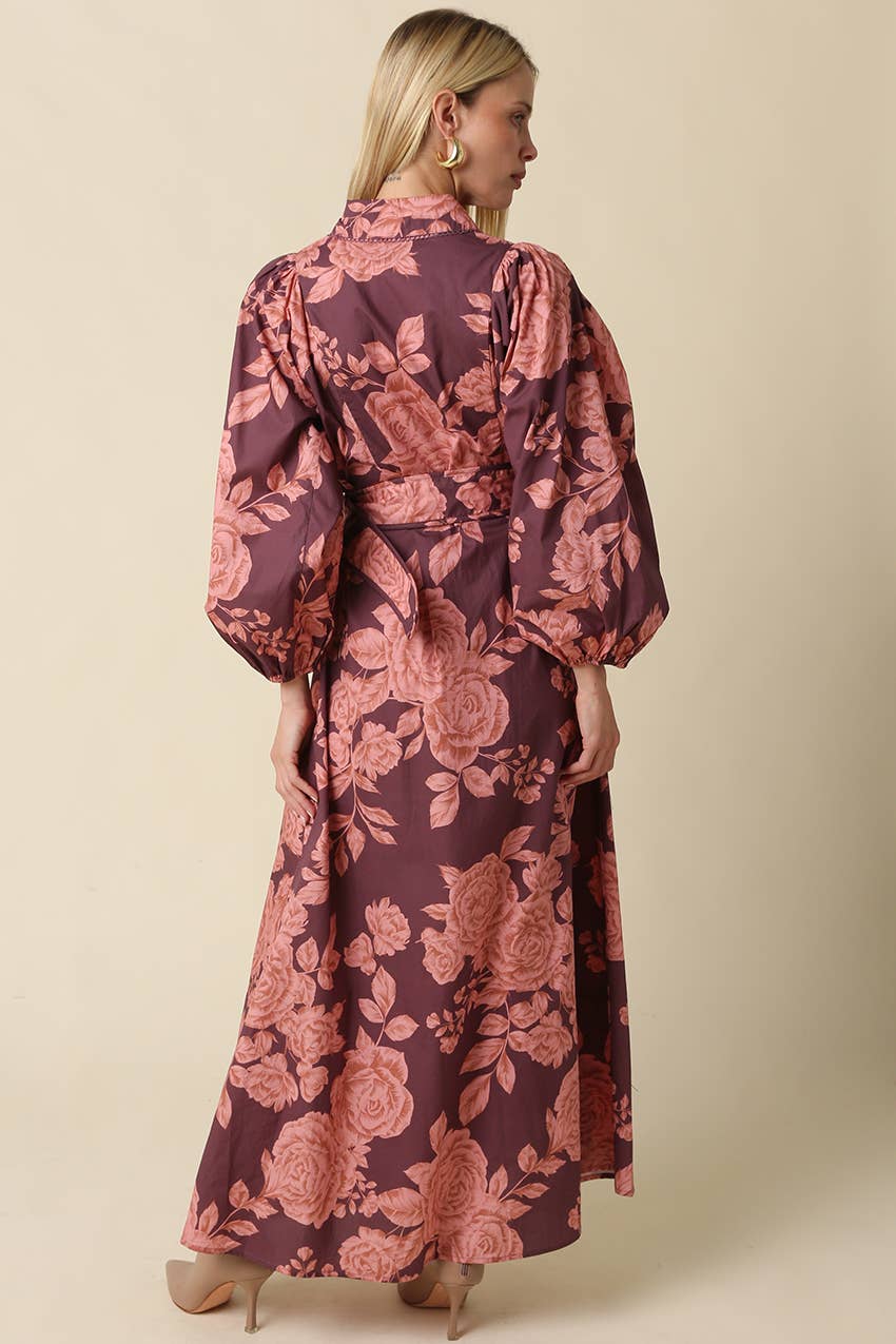 Purple & Pink Floral Belted Maxi Dress showing balloon sleeves