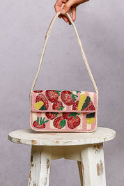 Pink Beaded Fruit Pattern Shoulder Bag