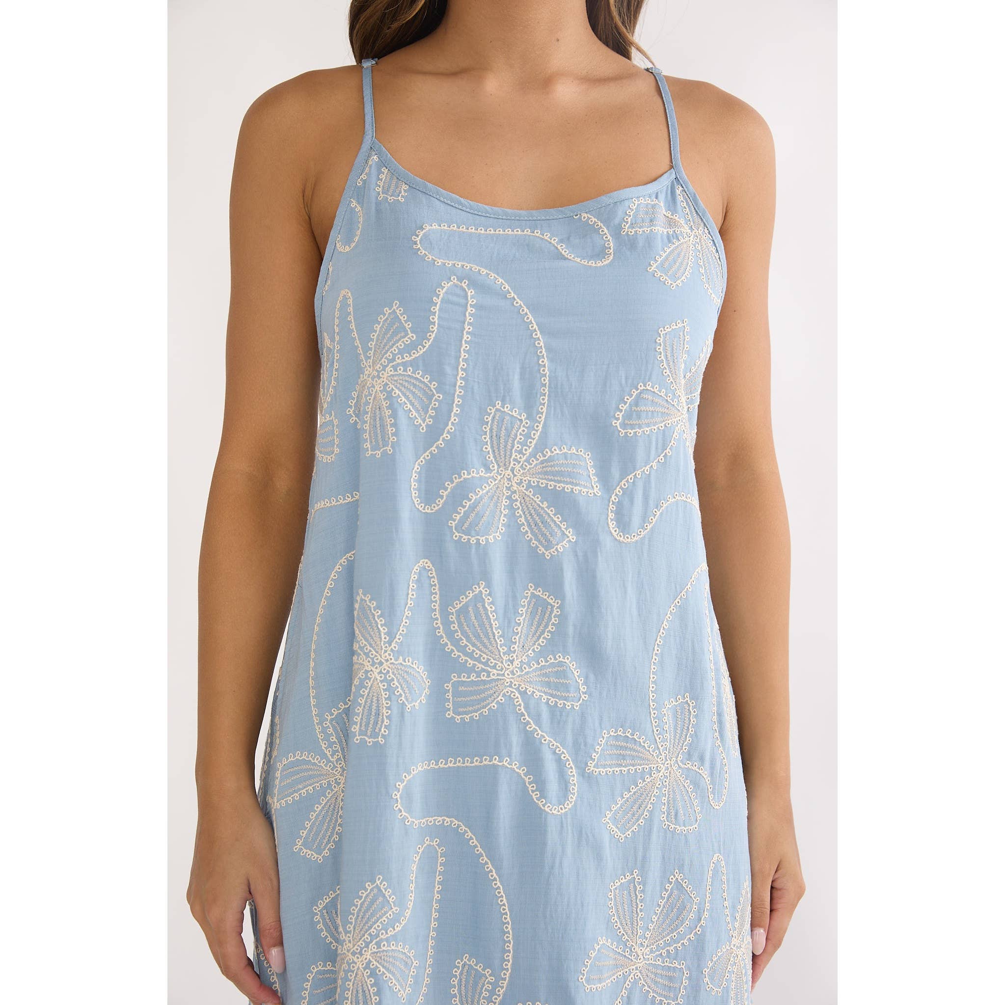 Blue Bow Embroidered Maxi Dress